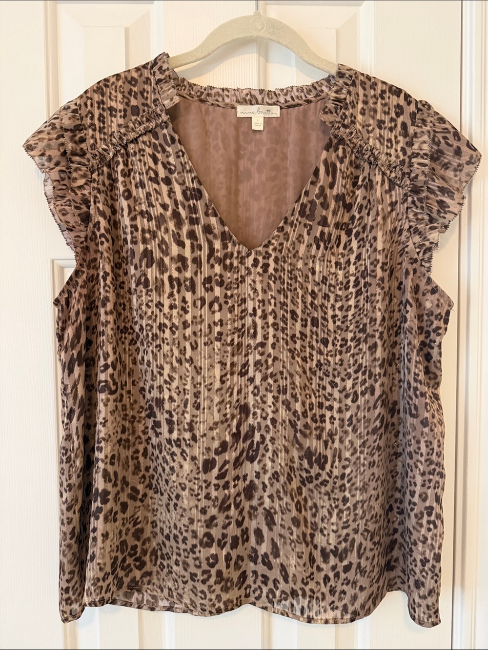 nine britton Taupe and Brown Leopard-Print V-Neck Flutter Sleeve Blouse